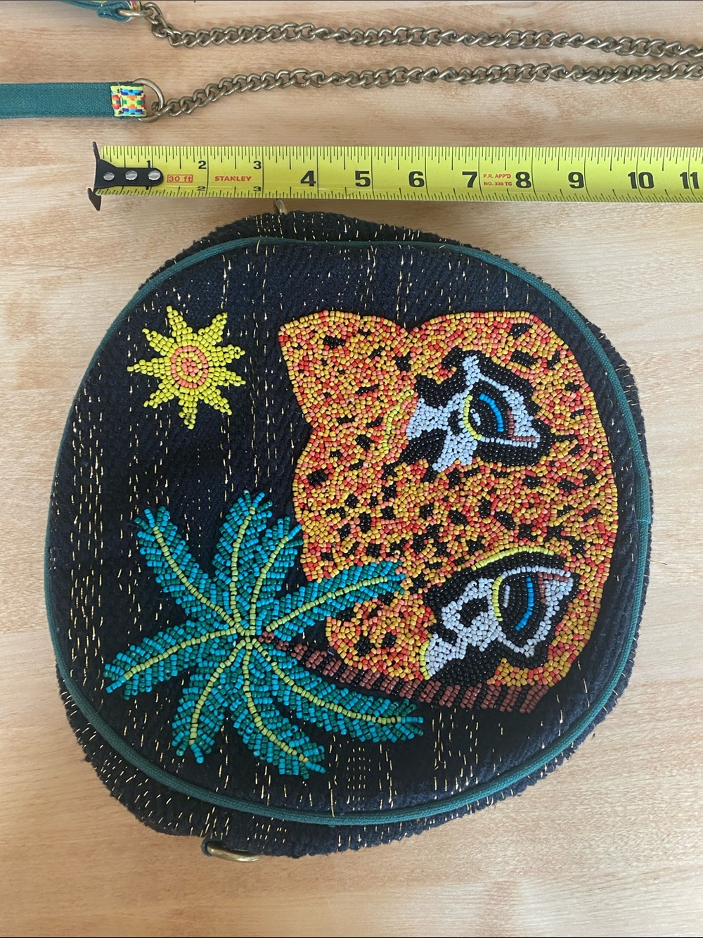 Black Beaded Round Crossbody Bag with Leopard & Palm Design - Picture 10 of 13